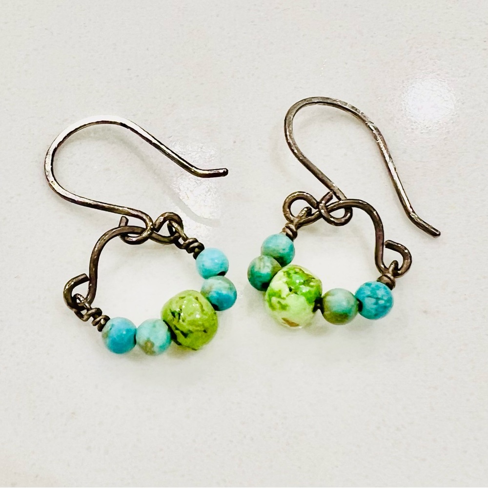 Turquoise and Lime Bead Hoop Earrings with Antique-Finish Hooks